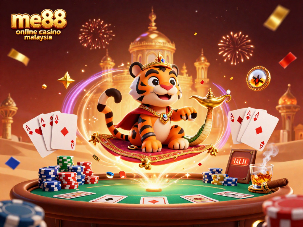 Experience exciting gameplay at me88 online casino Malaysia with a vibrant 3D casino scene.
