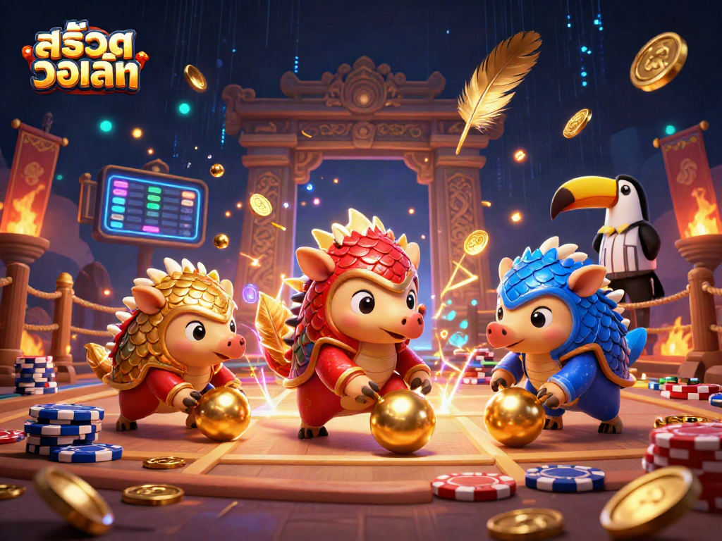 Engage with สล็อตวอเลท in this visually stunning 3D scene featuring rival pangolins, poker chips, and festive elements.