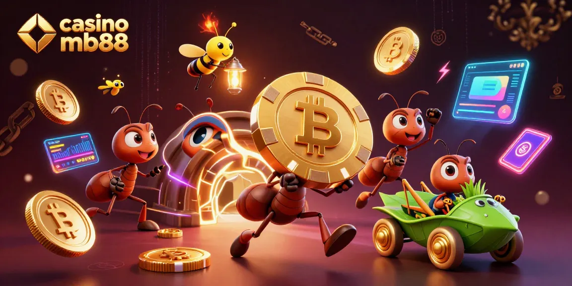 Chơi casino mb88 với nhóm kiến lý tưởng tìm kiếm chip poker vàng giữa các đồng tiền điện tử.