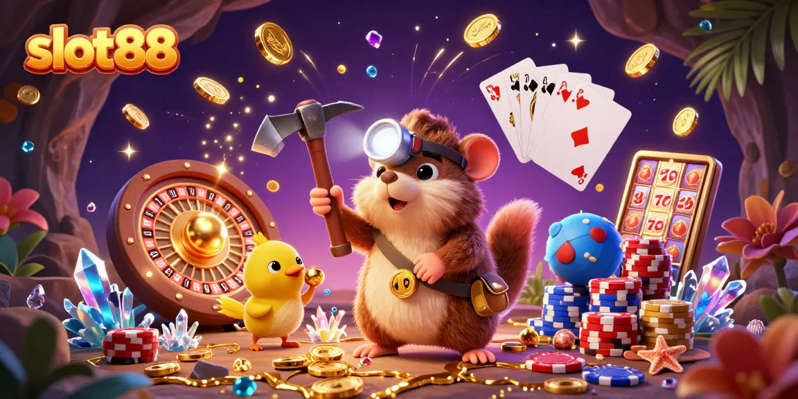 Menangkan jackpot di slot88 dengan ilustrasi kasino 3D yang penuh dengan koin emas dan keberuntungan.