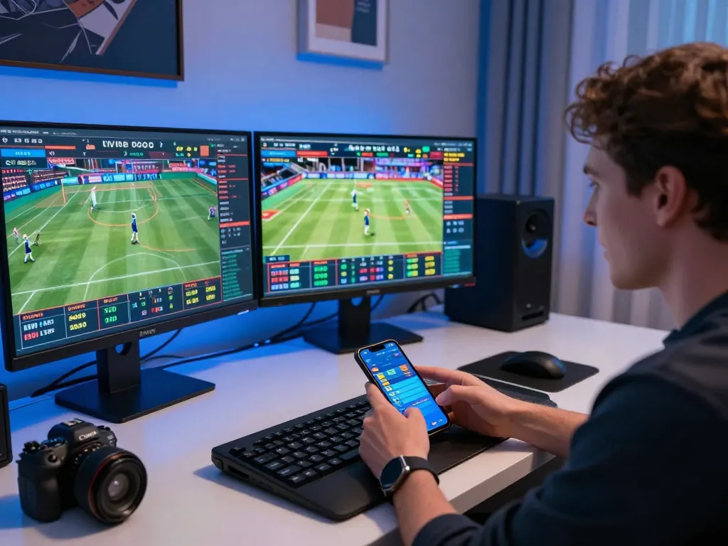 Savvy bettor analyzing soi keo nha cai odds on multiple screens during an exciting gaming session