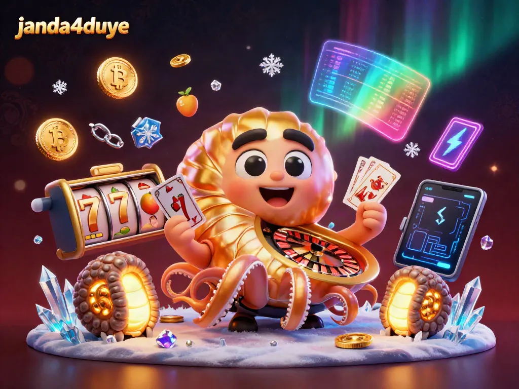 Gambarkan momen seru di janda4duye dengan simbol slot dan hilang glowing.