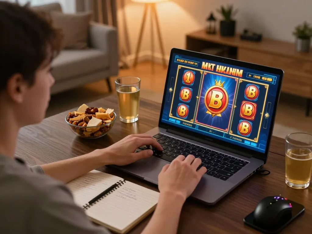 Engaging in slot online gaming on a laptop at home, showcasing an interactive gaming interface and strategy notes.