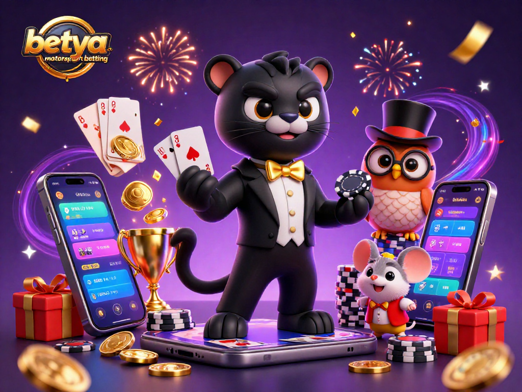 Engage in betya.com motorsport betting with a dynamic 3D casino scene featuring a tuxedo panther and lively characters.