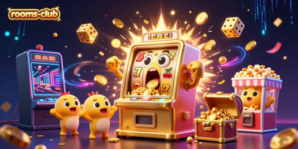 Mesin slot emas kempot jackpot meriah di rooms-club dengan simbol dan koin