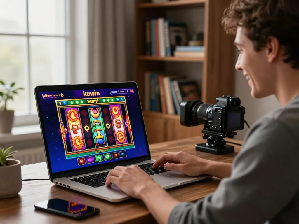Engaging in online casino gaming at kuwin with vibrant slot game interface on laptop in a cozy home setting.