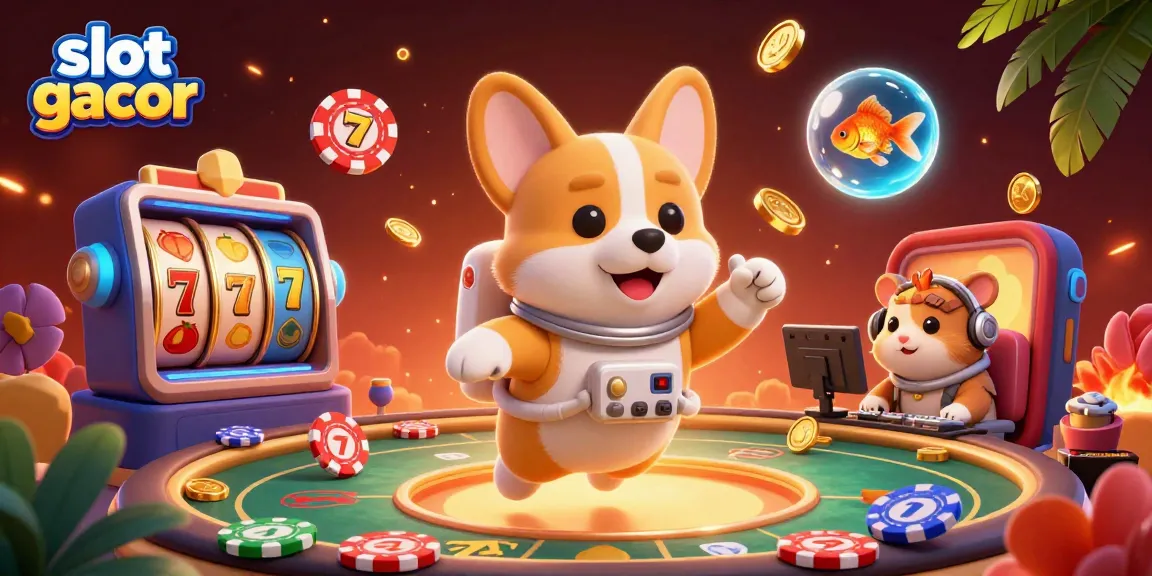 Engaging slot gacor scene depicting a cartoon astronaut corgi, mission-control hamster, and goldfish in a vibrant casino
