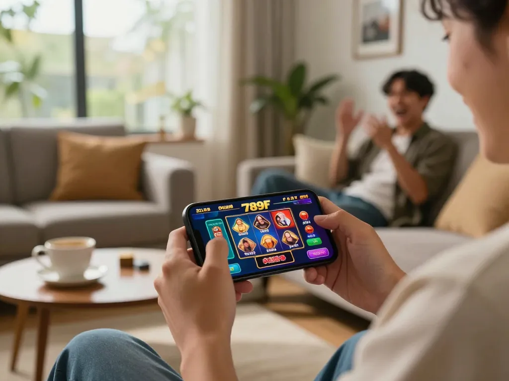 Player engaging in online gaming with 789F on a smartphone in a cozy living room atmosphere.