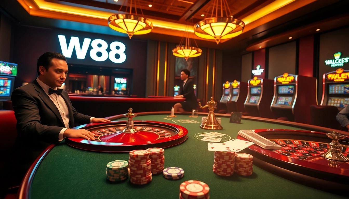 W88 poker table with professional dealers, playing cards, and casino excitement