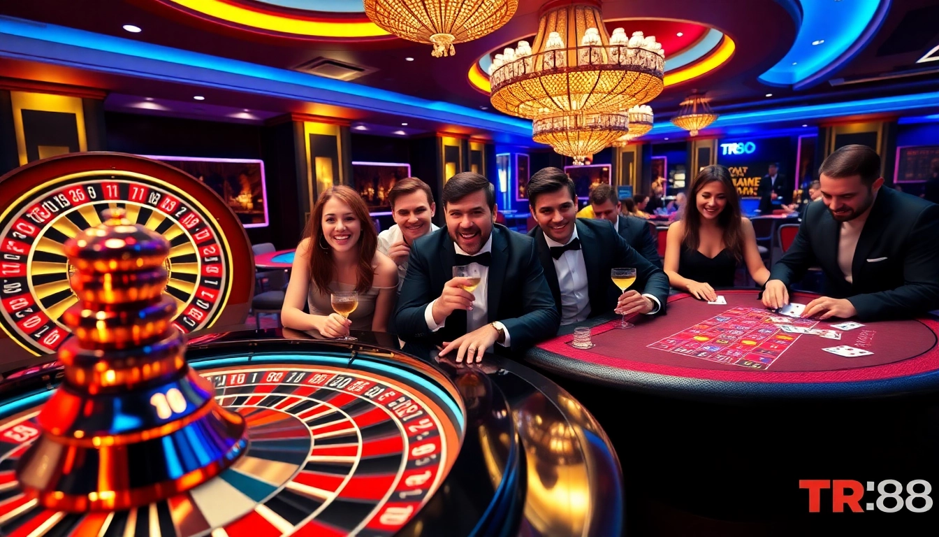 Players enjoying an exciting TR88 casino game at a luxurious table, filled with poker chips and cards.