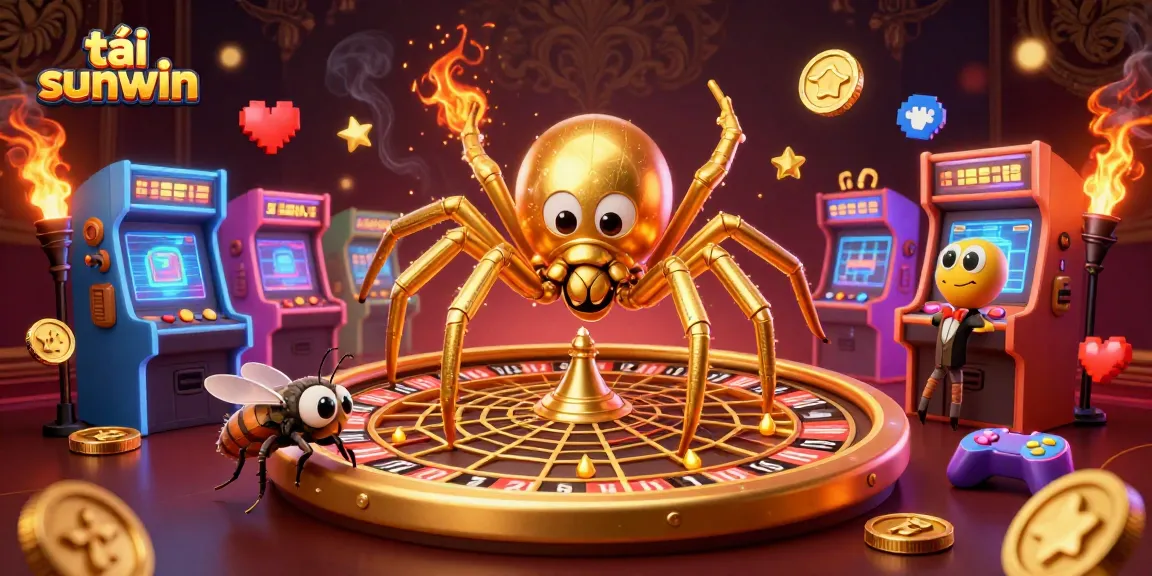 Engage with tải sunwin as a golden spider spins a roulette web, creating an exciting gaming scene.