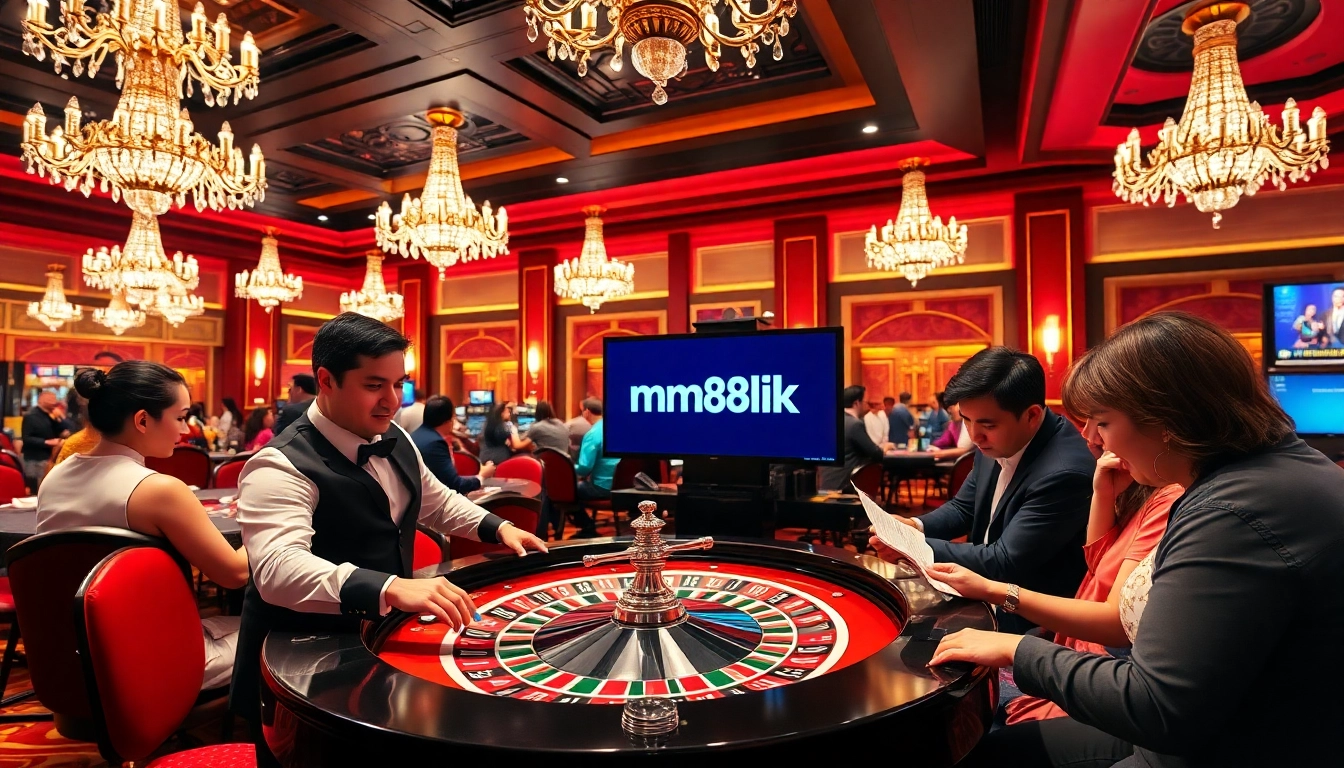 Gamblers engaging with an mm88 link on a bustling casino game floor, showcasing excitement.