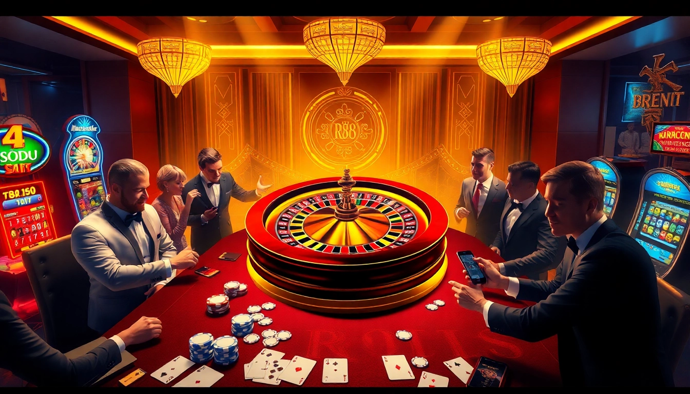 Players engaging at a luxurious RR88 casino table surrounded by slot machines and cards.