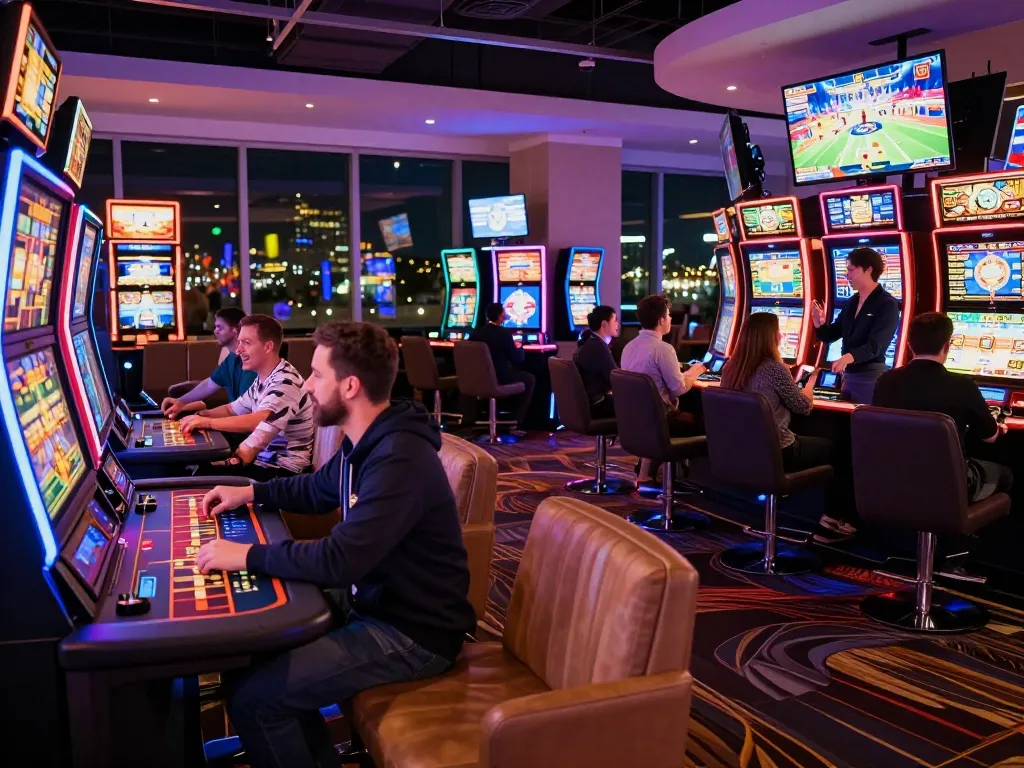 Exciting scene at a casino with players at slot machines and live tables, highlighting secret giris casino opportunities.