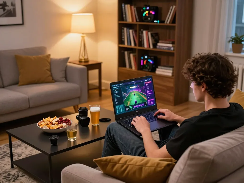 Player engaging with Rik vip online casino on laptop in a cozy home setting with snacks.