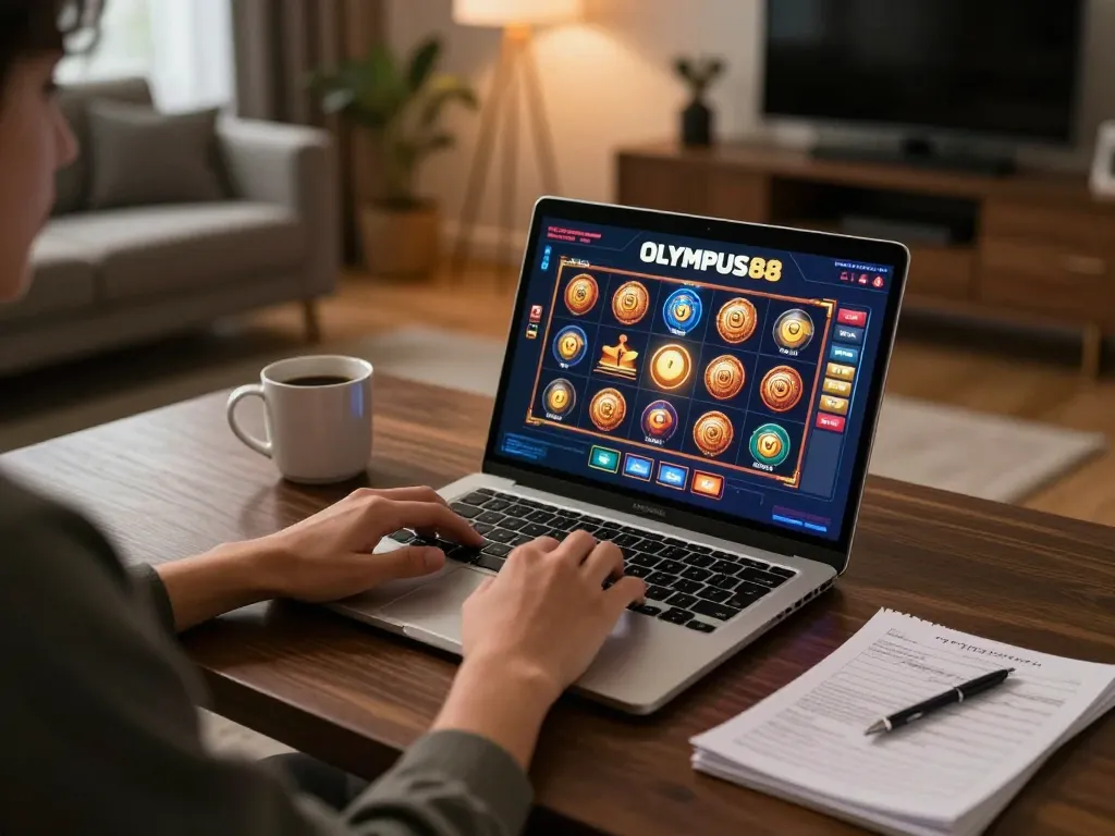 Engaging with OLYMPUS88 online slots at home with a laptop and strategy notes