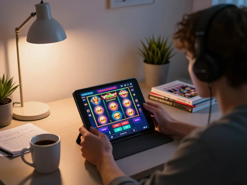 Engaged player using the vaobet casino app on a tablet from a cozy home setup, emphasizing responsible gaming.