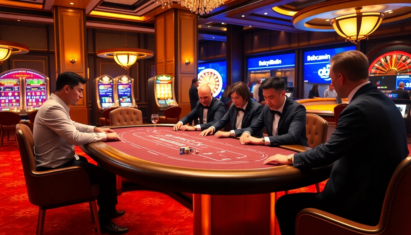 Experience high-stakes gaming at bomwin with a luxury baccarat table and vibrant casino ambiance.