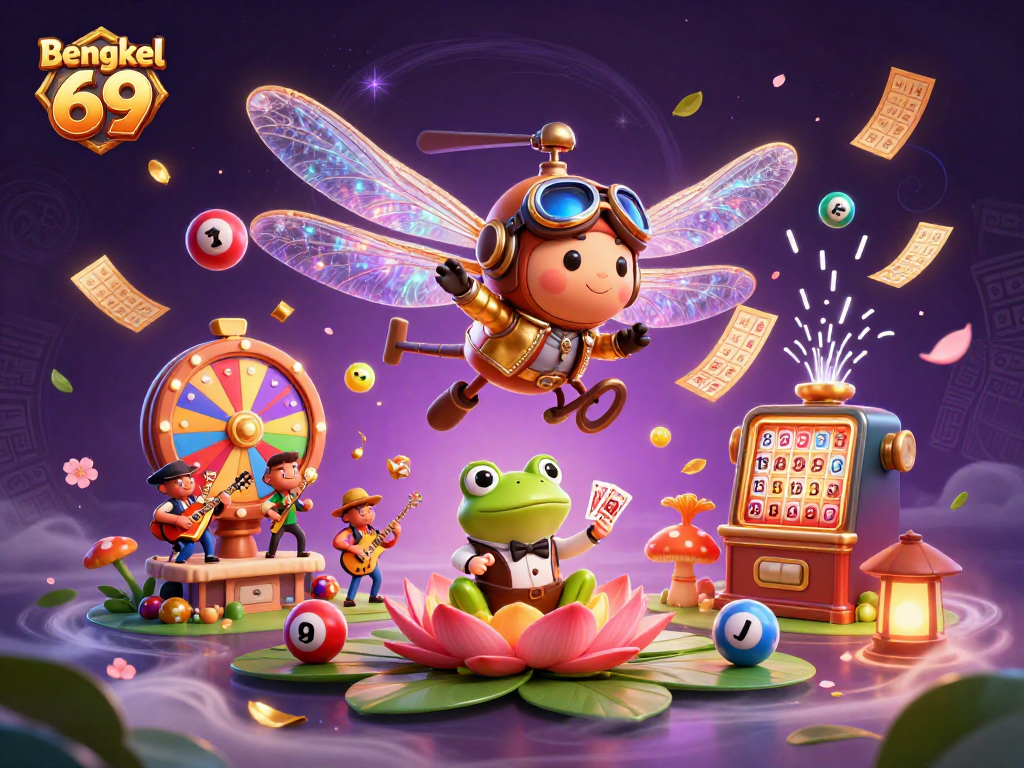 Engage with the thrilling world of Bengkel 69 as a cartoon dragonfly pilot hovers over a lively lily pad casino scene.
