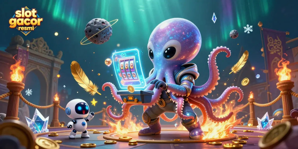 Gambarkan slot gacor resmi pada ilustrasi 3D dengan karakter unik dan suasana kasino yang meriah.