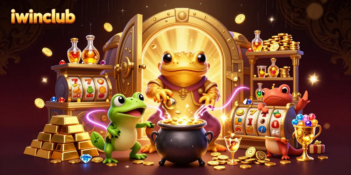 iwinclub showcases a vibrant 3D scene of alchemists transmuting metals into gold coins amidst casino elements.
