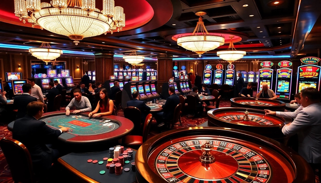 Players enjoying FB68-themed slots and poker at a luxurious casino.