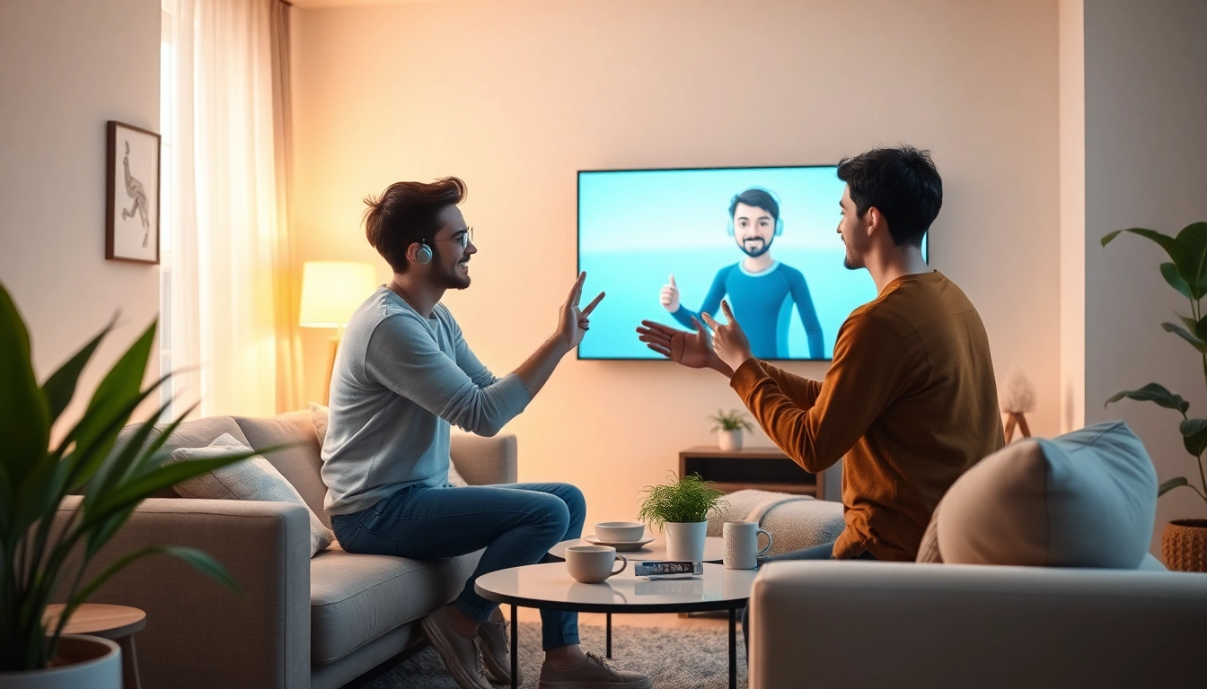 A cozy living room scene featuring a couple engaging with a friendly AI character, highlighting the concept of free sex ai.