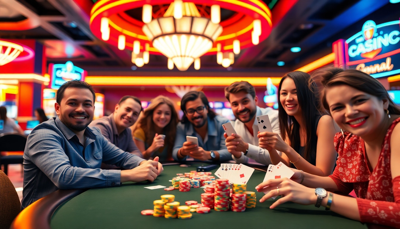Engaged players celebrate wins at an online casino with colorful chips and bright lights.