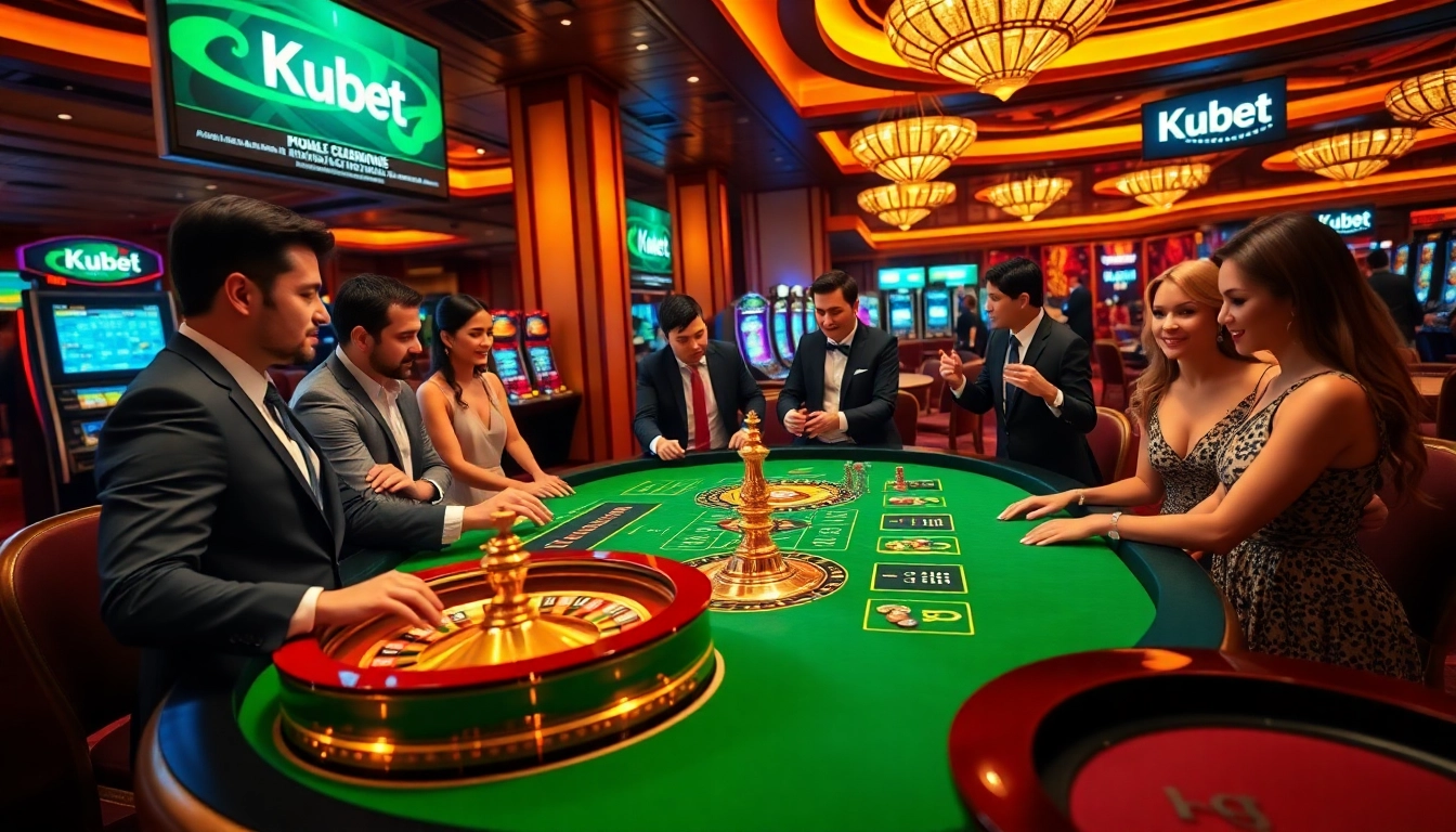 Kubet players enjoying high-stakes action at a luxurious casino table filled with poker chips and a roulette wheel.