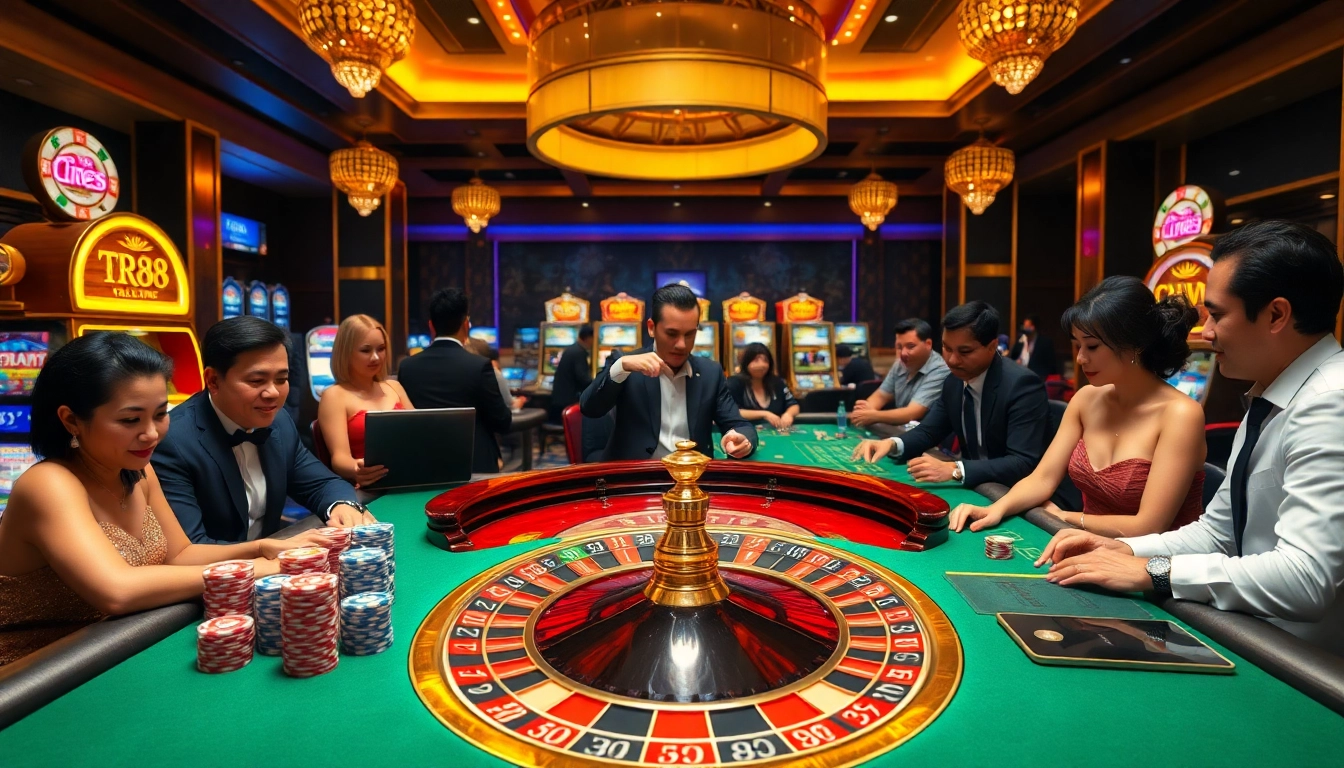 Players enjoying excitement at a TR88 casino table surrounded by vibrant slot machines.