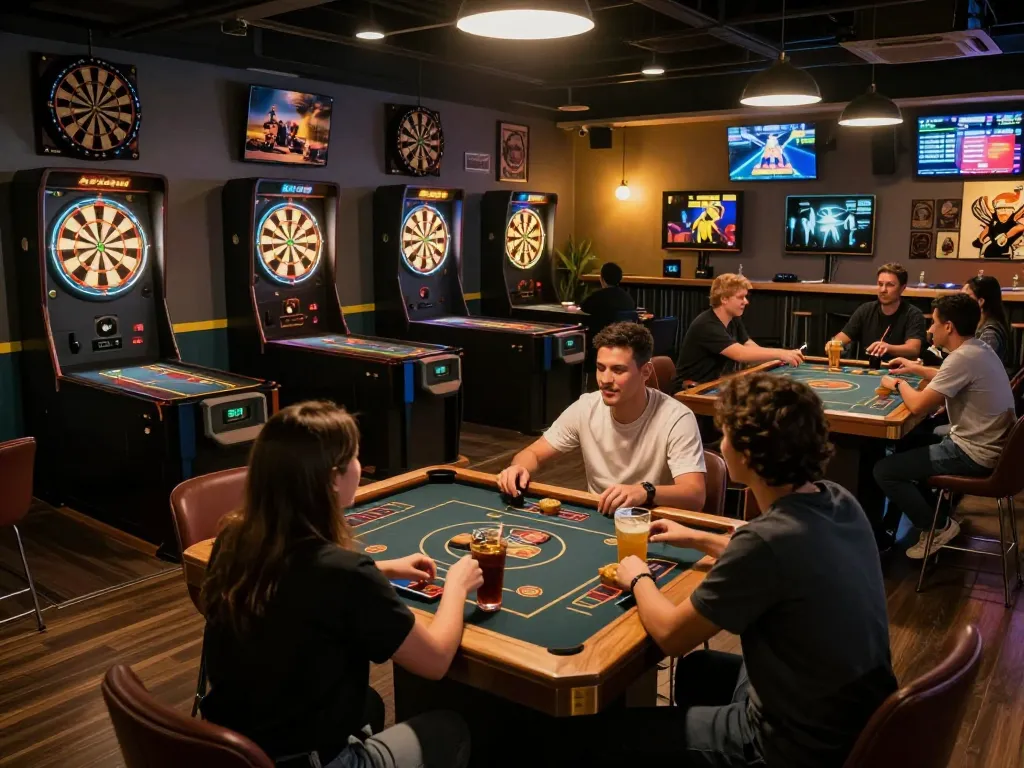 KJC players enjoying darts in a vibrant, social gaming lounge with bets in action.