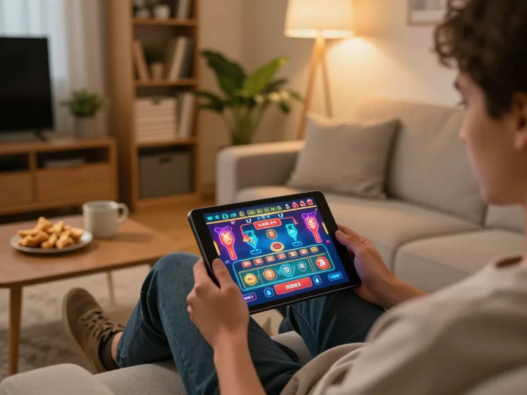 Engaging scene of online gaming with nk88 trang chủ visible on tablet, creating a cozy gambling experience.