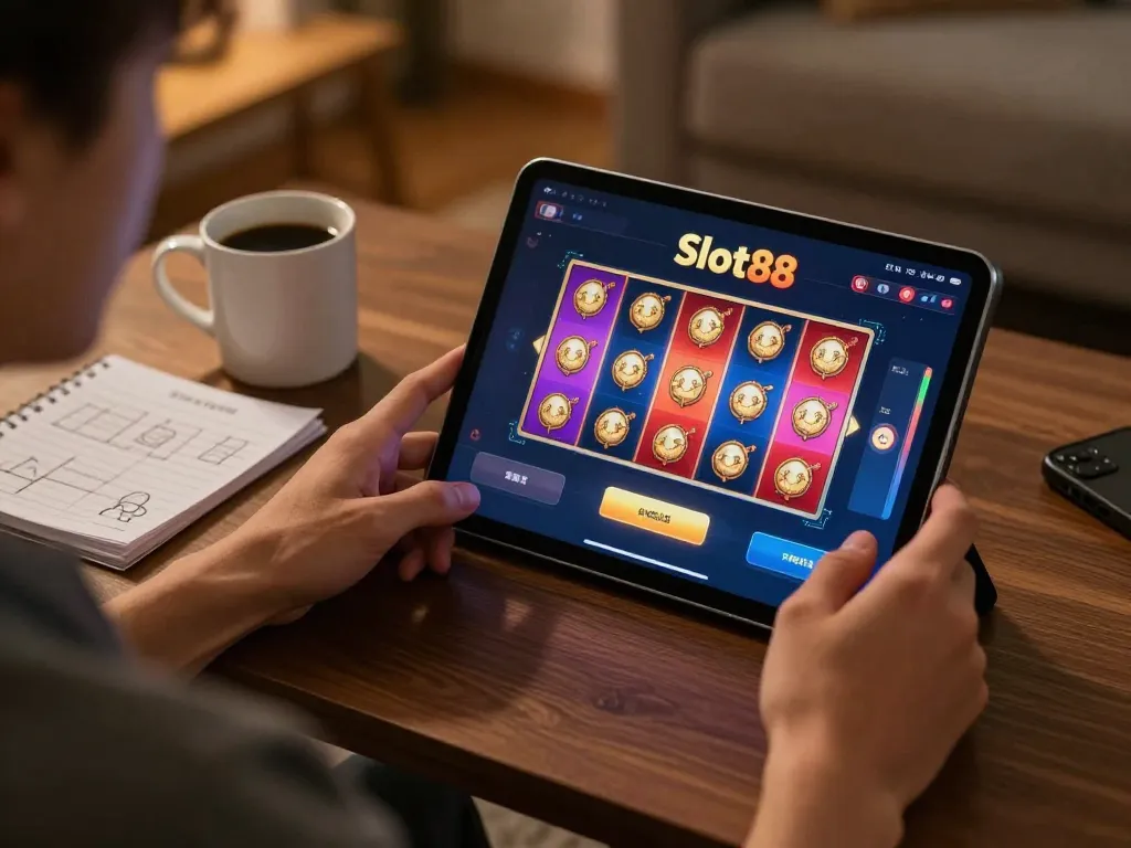 Playing slot88 online at home with a tablet, showcasing engaging gameplay and strategy.