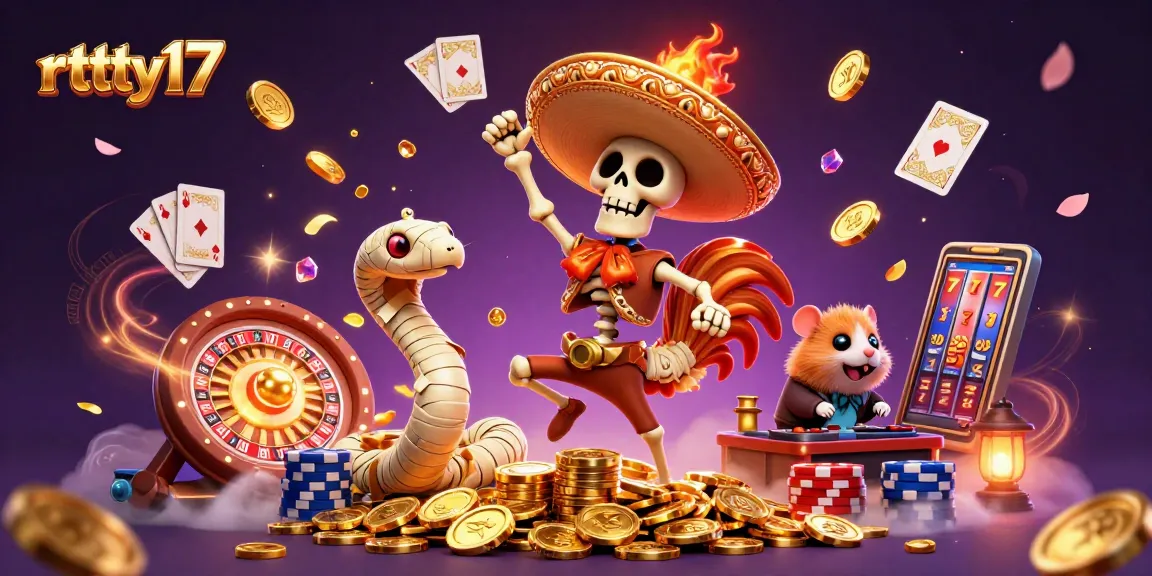 Experience rttty17 excitement with a 3D illustration of a victory dance amidst golden coins and casino elements.
