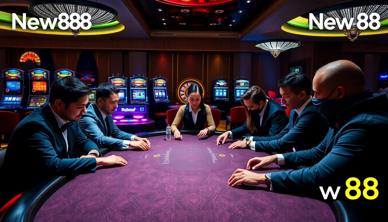 New88 players engaging at a high-stakes poker table, surrounded by colorful slot machines and vibrant casino elements.