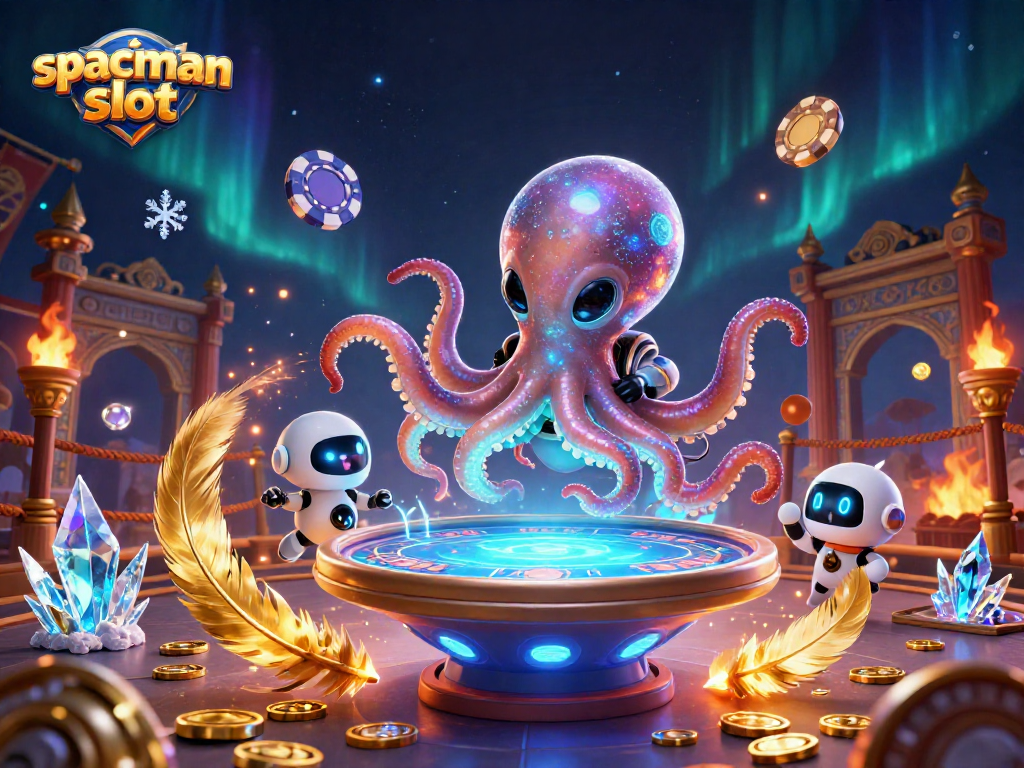 Engage with the spaceman slot illustration featuring an alien octopus and exciting casino elements in a vibrant cosmic scene.