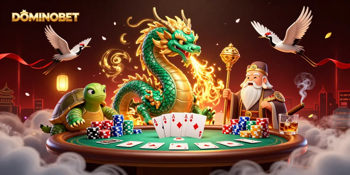 Join the excitement at DOMINOBET with a vibrant poker scene featuring a jade dragon and lucky cranes.