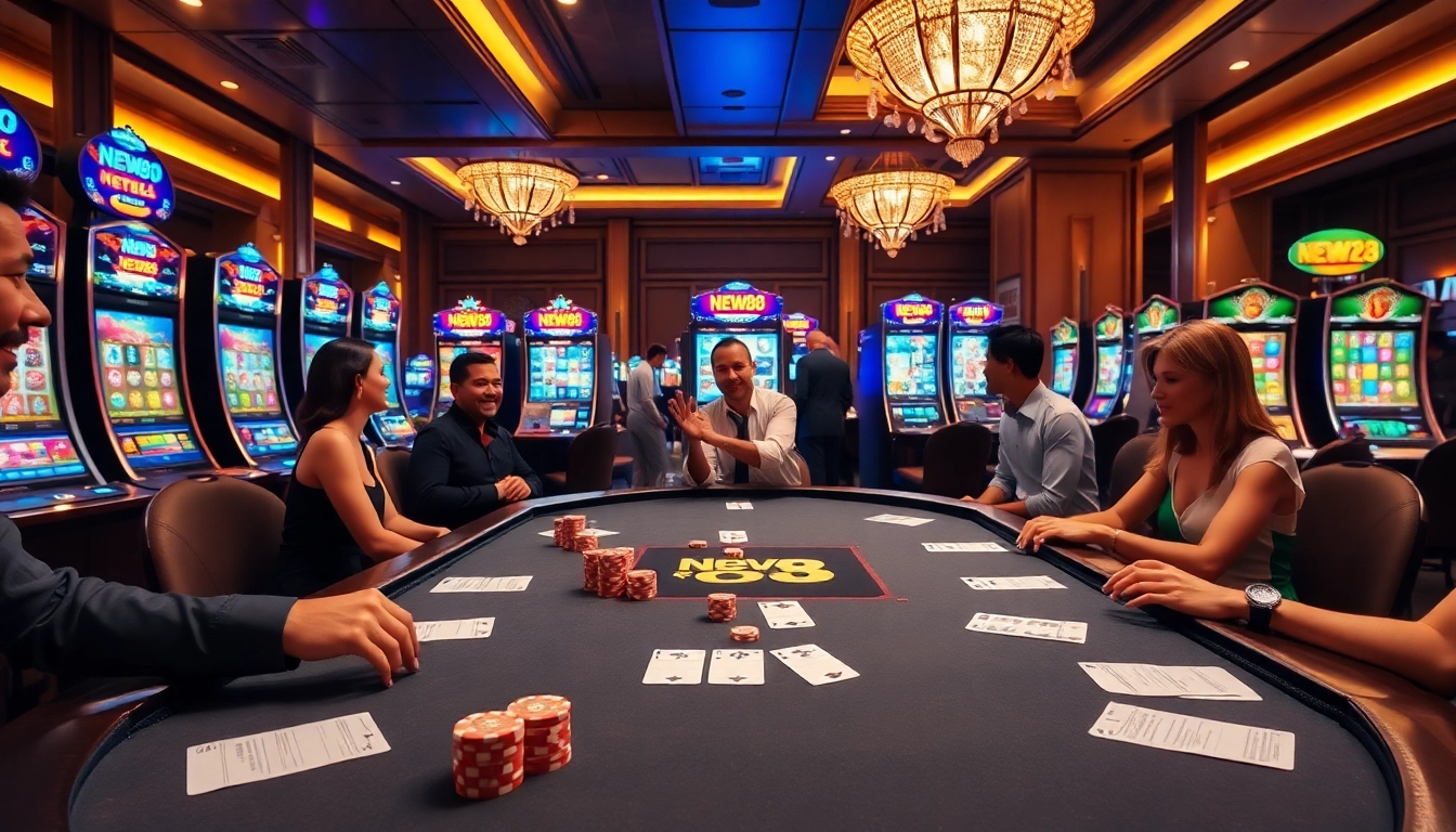 Excited gamblers placing bets at New88 casino tables with vibrant poker chips and cards.