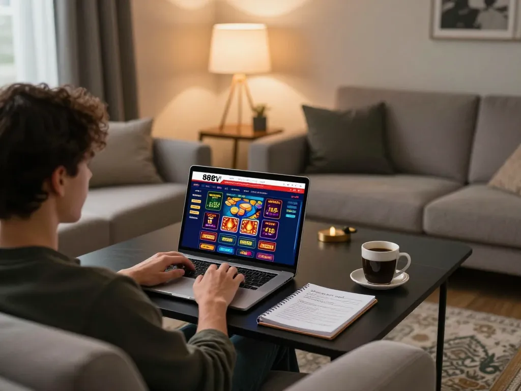 Gambler enjoying the 888VI Homepage on a laptop during a cozy home gaming session.