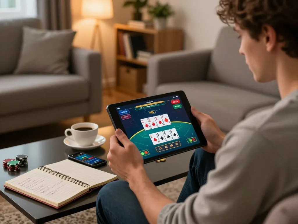 Engaged player enjoying online poker at home, exploring dacsandatphanrang com gambling opportunities.
