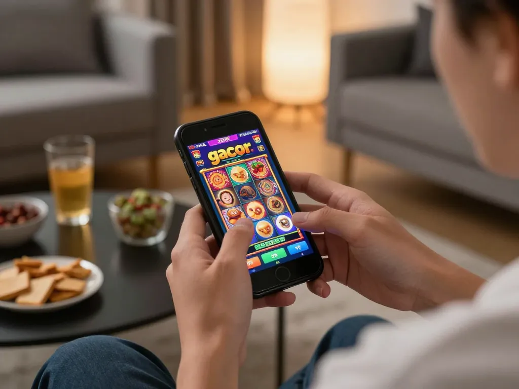 Engaging mobile gaming session playing gacor slots in a cozy home environment.