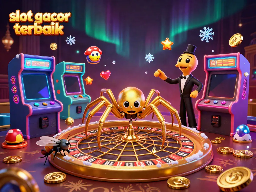Menampilkan slot gacor terbaik dengan laba-laba emas berputar di roda roulette dan serangga bertaruh di tepi.