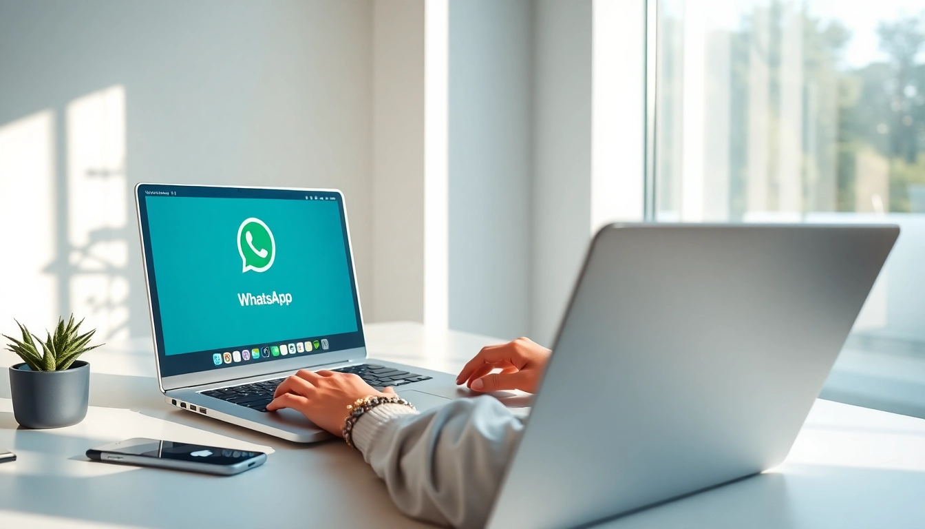在一个宜人的现代化工作空间中展示的 WhatsApp Web 界面，体现 快连官网 的优势。