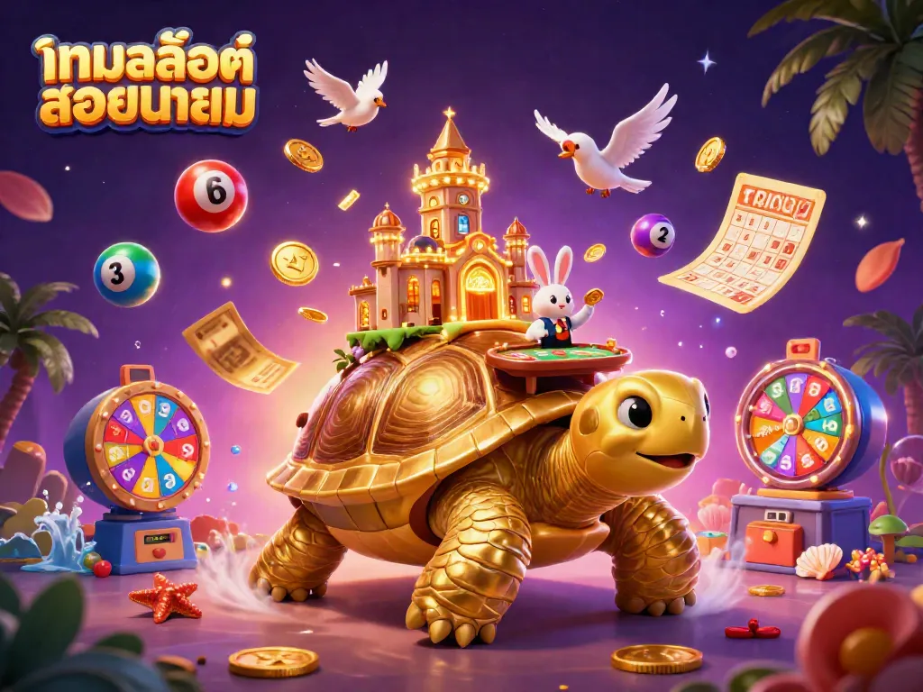 Experience the excitement of เกมสล็อตยอดนิยม with a colorful casino scene featuring a golden tortoise and dynamic game elements.
