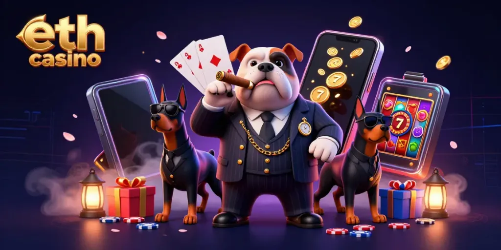 Engage in the adventurous world of eth casino with our lively mafia-themed 3D illustration.