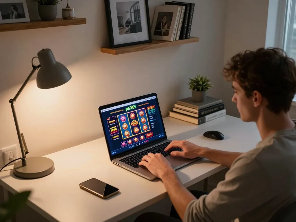 Player engaging with ph365 online casino on laptop in a cozy home office.