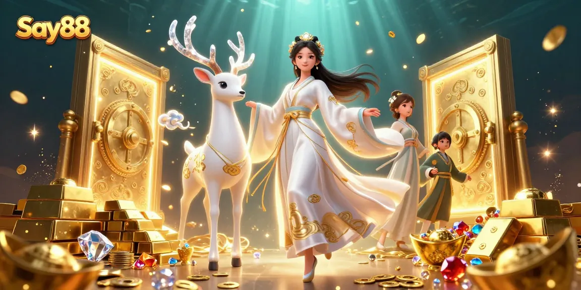 Experience Say88's vibrant online casino atmosphere with enchanting characters and treasure-filled visuals.