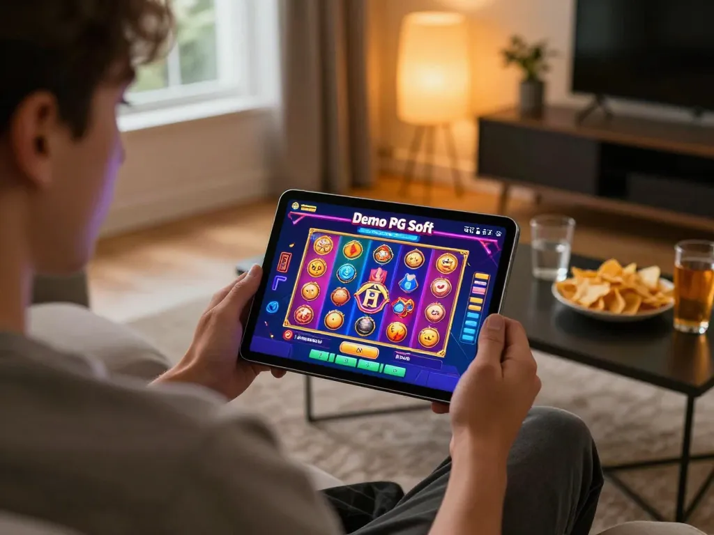 Terlibat dengan slot Demo PG Soft yang mendebarkan di tablet, menangkap momen bermain game yang nyaman di rumah