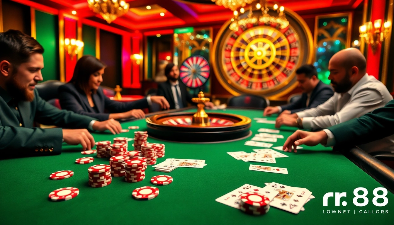 The lively rr 88 casino scene showcases players at a poker table, vibrant chips, and an exciting atmosphere.