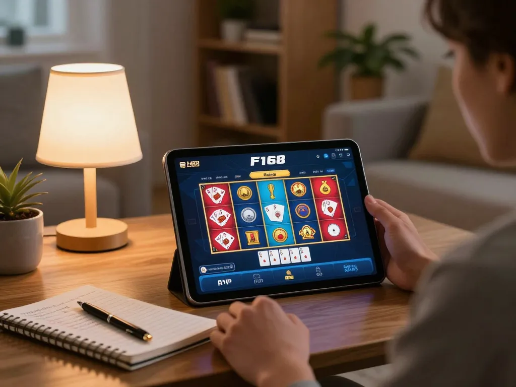 Play F168 online slot and poker games in a cozy home setting with a tablet.